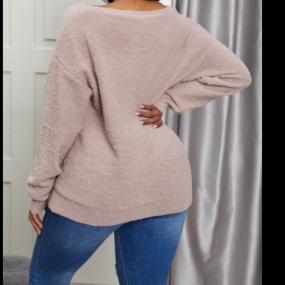 Soft Plush Dew Shoulder Deep V Kneck Dusty Pink Plush Loose Long Sleeve Sweater - Picture 5 of 7
